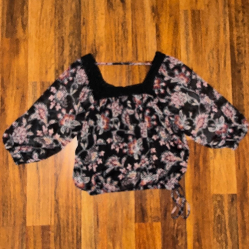 Wild Moss Paisley Floral Crochet Lace Trim Peasant Blouse Black Small